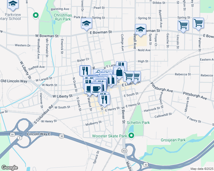 map of restaurants, bars, coffee shops, grocery stores, and more near 140 East Liberty Street in Wooster