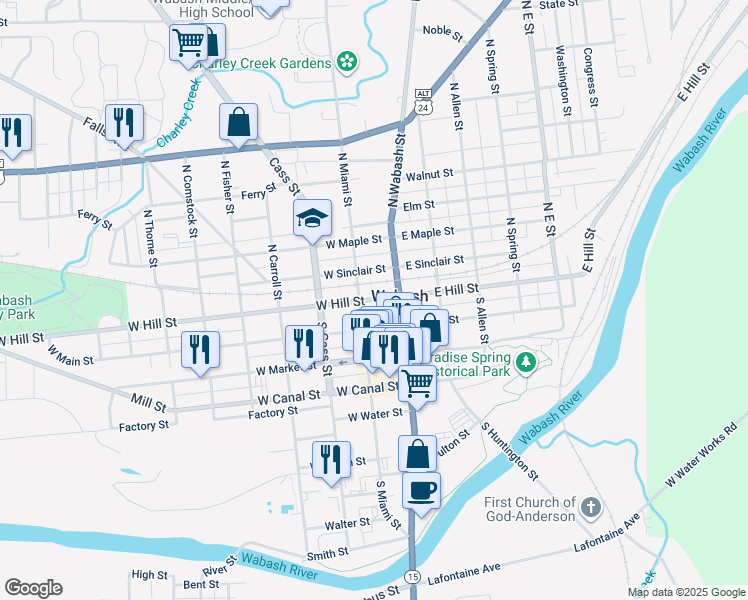 map of restaurants, bars, coffee shops, grocery stores, and more near 1-45 S Miami St in Wabash