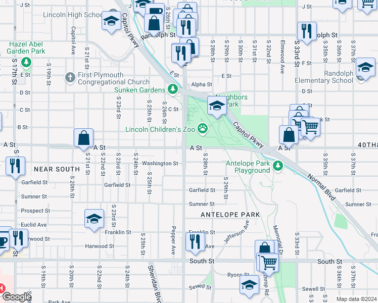 map of restaurants, bars, coffee shops, grocery stores, and more near 1421 South 27th Street in Lincoln