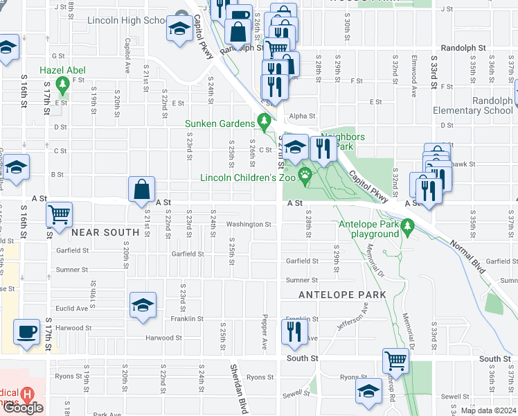 map of restaurants, bars, coffee shops, grocery stores, and more near 1418 South 26th Street in Lincoln