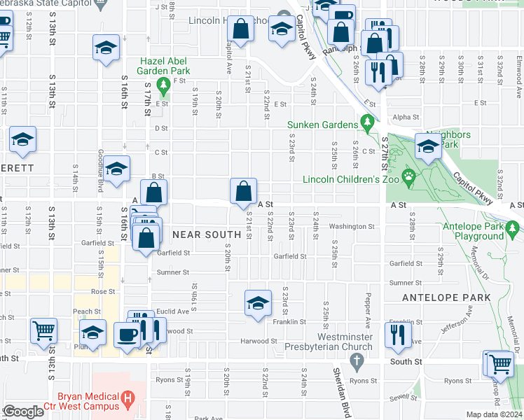 map of restaurants, bars, coffee shops, grocery stores, and more near 2125 A Street in Lincoln