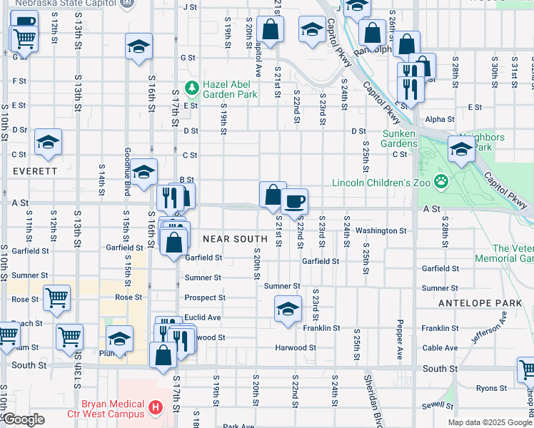 map of restaurants, bars, coffee shops, grocery stores, and more near 1418 South 20th Street in Lincoln