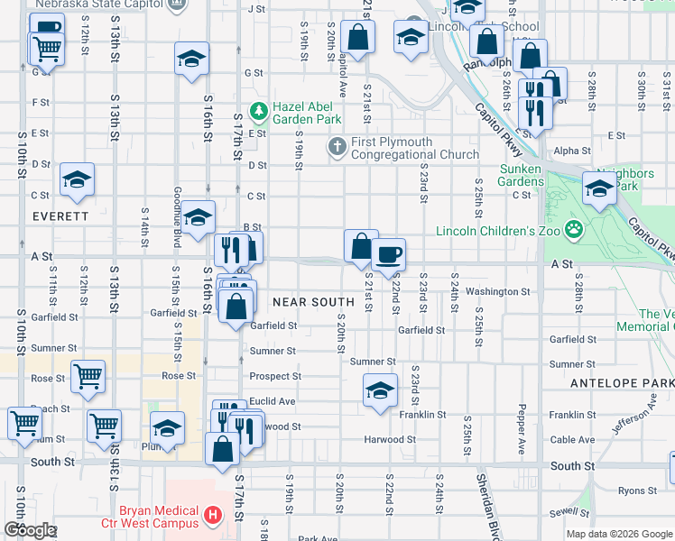 map of restaurants, bars, coffee shops, grocery stores, and more near 1418 South 20th Street in Lincoln