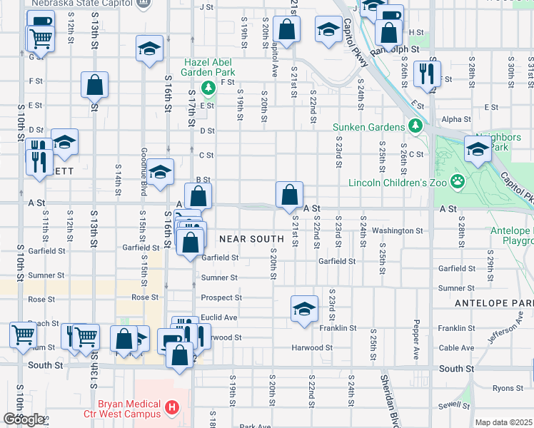 map of restaurants, bars, coffee shops, grocery stores, and more near 1955 A Street in Lincoln