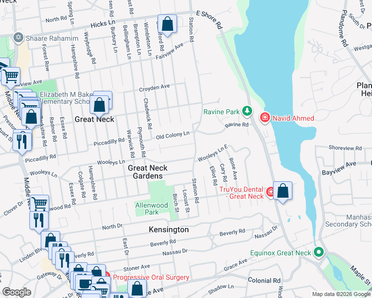 map of restaurants, bars, coffee shops, grocery stores, and more near 6A Hutchinson Court in Great Neck