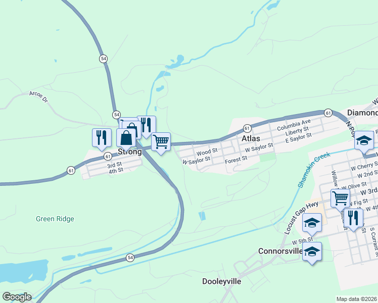 map of restaurants, bars, coffee shops, grocery stores, and more near Wood Street in Mount Carmel