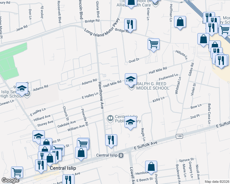 map of restaurants, bars, coffee shops, grocery stores, and more near 35 Bronx Avenue in Central Islip