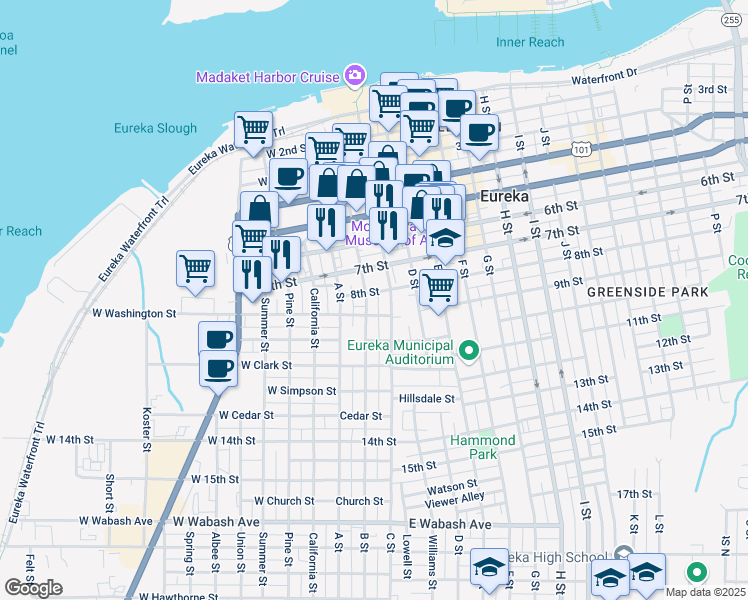 map of restaurants, bars, coffee shops, grocery stores, and more near 803 B Street in Eureka