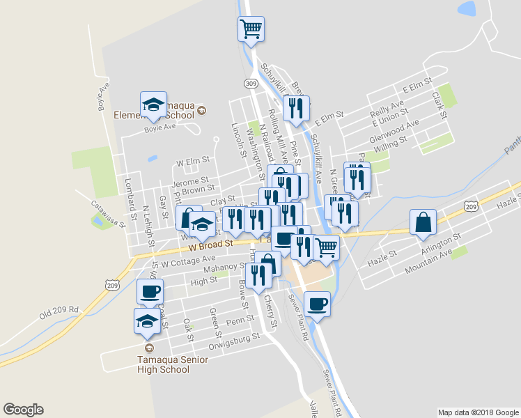 map of restaurants, bars, coffee shops, grocery stores, and more near 19 Lafayette Street in Tamaqua