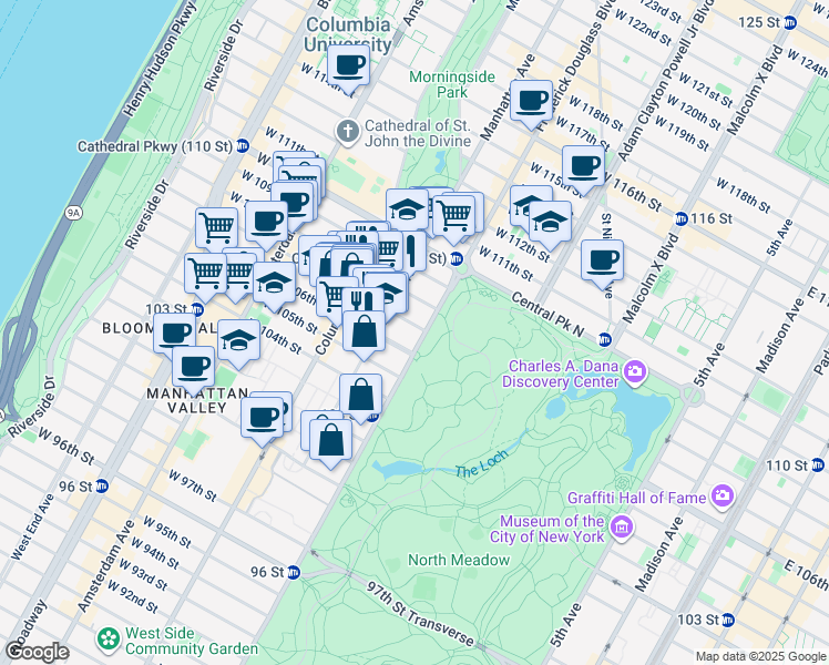 map of restaurants, bars, coffee shops, grocery stores, and more near 467 Central Park West in New York