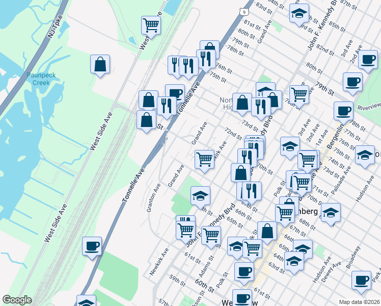 map of restaurants, bars, coffee shops, grocery stores, and more near 1461A 68th Street in North Bergen