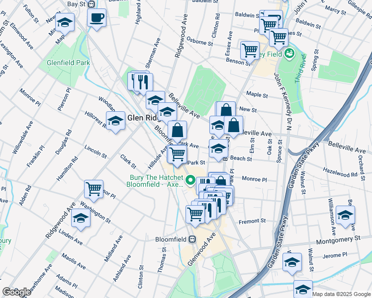 map of restaurants, bars, coffee shops, grocery stores, and more near 68-70 Park Avenue in Bloomfield