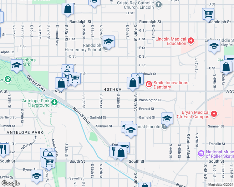 map of restaurants, bars, coffee shops, grocery stores, and more near 3795 A Street in Lincoln