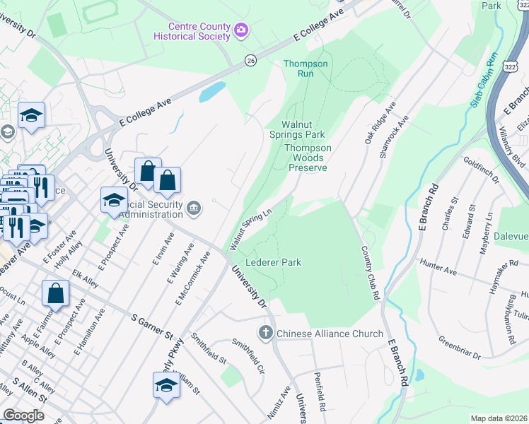 map of restaurants, bars, coffee shops, grocery stores, and more near 799 Walnut Spring Lane in State College