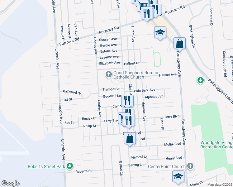 map of restaurants, bars, coffee shops, grocery stores, and more near 15 Goodwill Lane in Holbrook