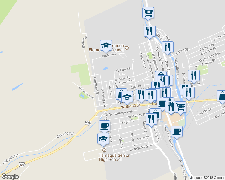map of restaurants, bars, coffee shops, grocery stores, and more near 131 Gay Street in Tamaqua