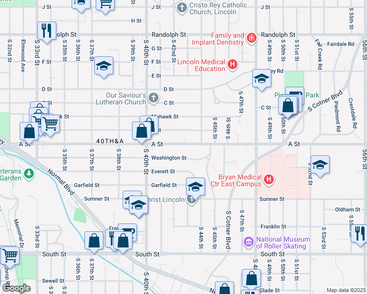map of restaurants, bars, coffee shops, grocery stores, and more near 4235 A Street in Lincoln