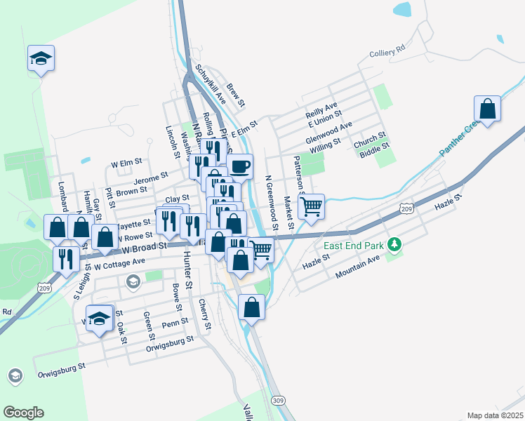 map of restaurants, bars, coffee shops, grocery stores, and more near 248 Mauch Chunk Street in Tamaqua