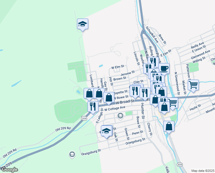 map of restaurants, bars, coffee shops, grocery stores, and more near 131 Gay Street in Tamaqua