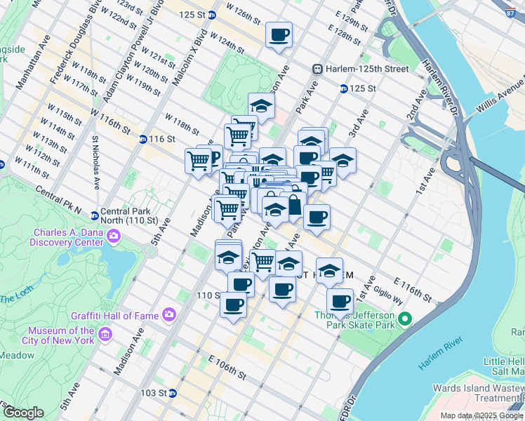 map of restaurants, bars, coffee shops, grocery stores, and more near 109 East 116th Street in New York