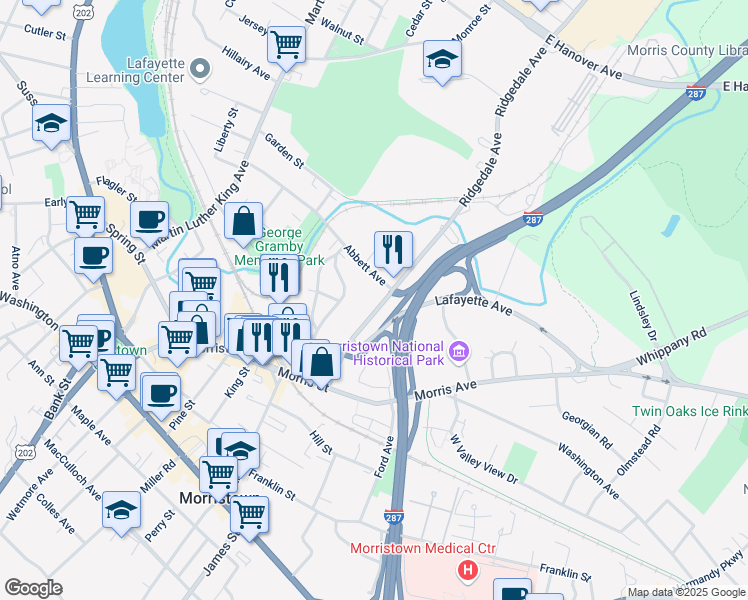 map of restaurants, bars, coffee shops, grocery stores, and more near 48 Ridgedale Avenue in Morristown