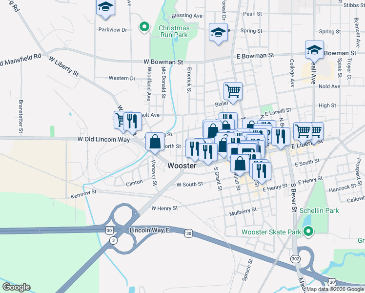 map of restaurants, bars, coffee shops, grocery stores, and more near 200 North Columbus Avenue in Wooster
