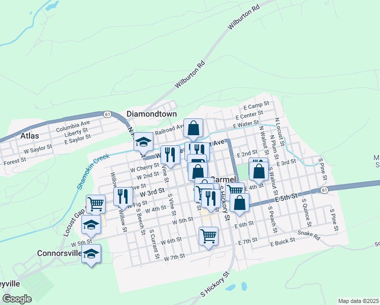 map of restaurants, bars, coffee shops, grocery stores, and more near in Mount Carmel