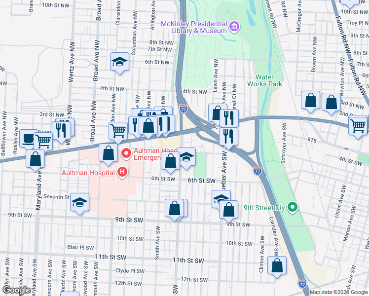 map of restaurants, bars, coffee shops, grocery stores, and more near 138 Harrison Avenue Southwest in Canton