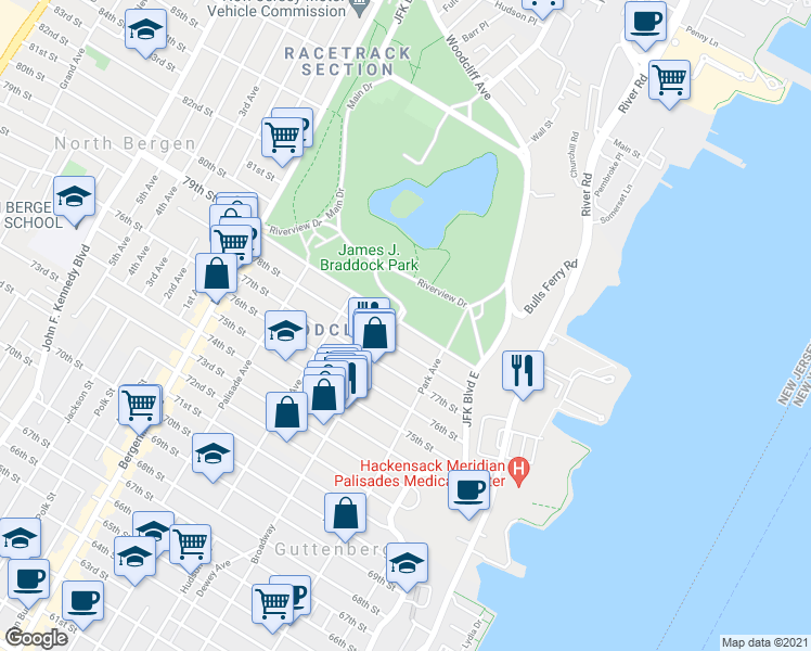 map of restaurants, bars, coffee shops, grocery stores, and more near 141 79th Street in North Bergen