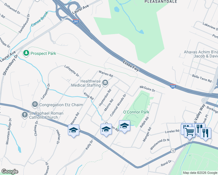 map of restaurants, bars, coffee shops, grocery stores, and more near 46 Hunterdon Road in West Orange