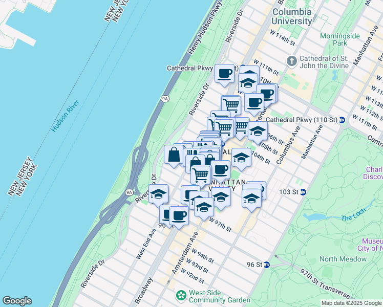 map of restaurants, bars, coffee shops, grocery stores, and more near 845 West End Avenue in New York