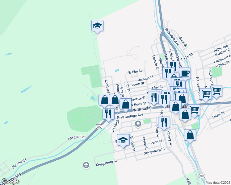 map of restaurants, bars, coffee shops, grocery stores, and more near 241 North Lehigh Street in Tamaqua