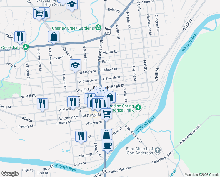 map of restaurants, bars, coffee shops, grocery stores, and more near 81 East Hill Street in Wabash