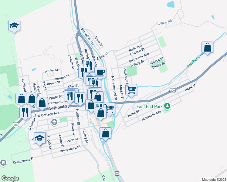 map of restaurants, bars, coffee shops, grocery stores, and more near 248 Mauch Chunk Street in Tamaqua