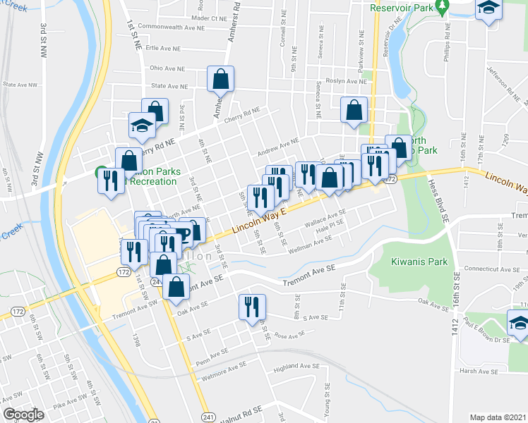 map of restaurants, bars, coffee shops, grocery stores, and more near 524 Lincoln Way East in Massillon