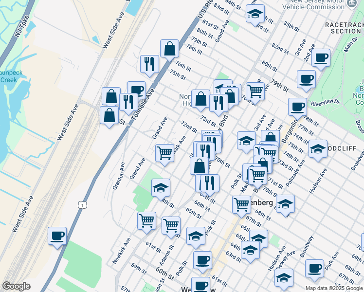 map of restaurants, bars, coffee shops, grocery stores, and more near 1306 70th Street in North Bergen
