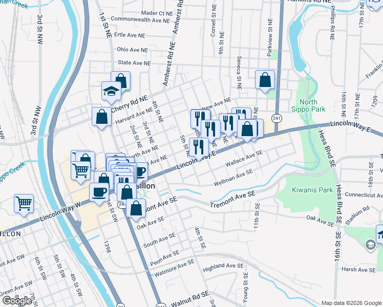 map of restaurants, bars, coffee shops, grocery stores, and more near 17 5th Street Northeast in Massillon