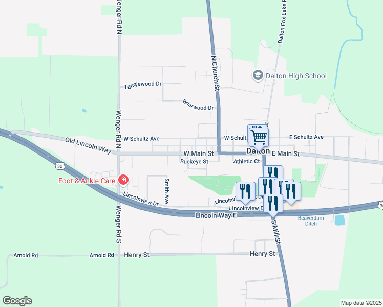 map of restaurants, bars, coffee shops, grocery stores, and more near 245 West Main Street in Dalton