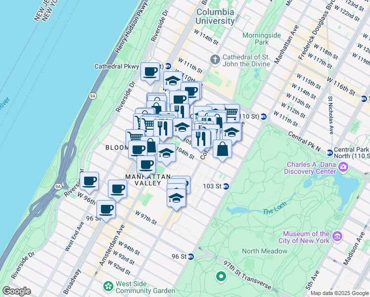 map of restaurants, bars, coffee shops, grocery stores, and more near 133 West 104th Street in New York