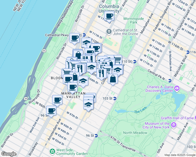 map of restaurants, bars, coffee shops, grocery stores, and more near 120 West 105th Street in New York