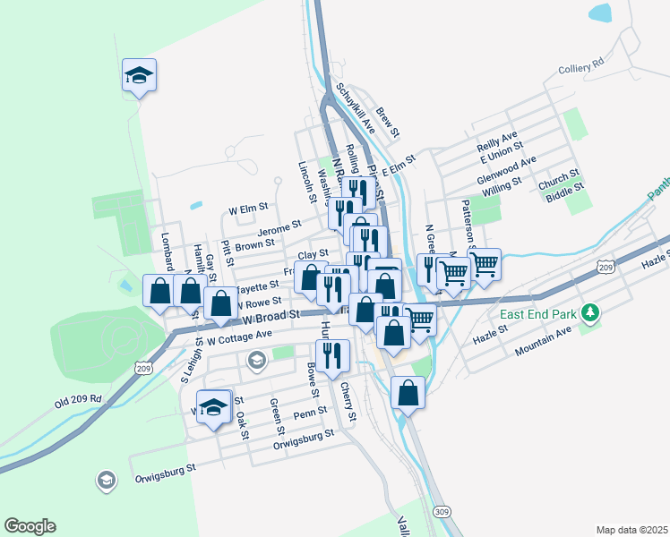 map of restaurants, bars, coffee shops, grocery stores, and more near 19 Lafayette Street in Tamaqua
