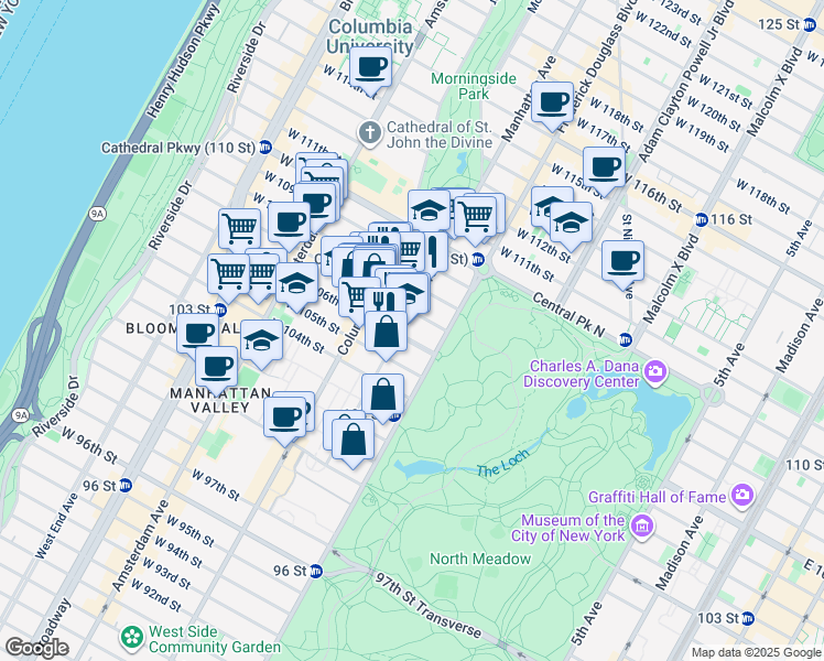 map of restaurants, bars, coffee shops, grocery stores, and more near 21 West 106th Street in New York