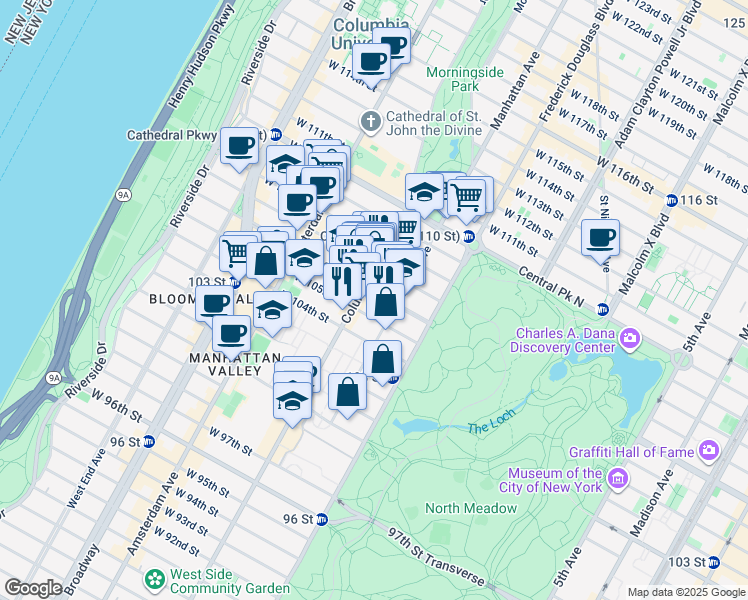 map of restaurants, bars, coffee shops, grocery stores, and more near 66 West 106th Street in New York
