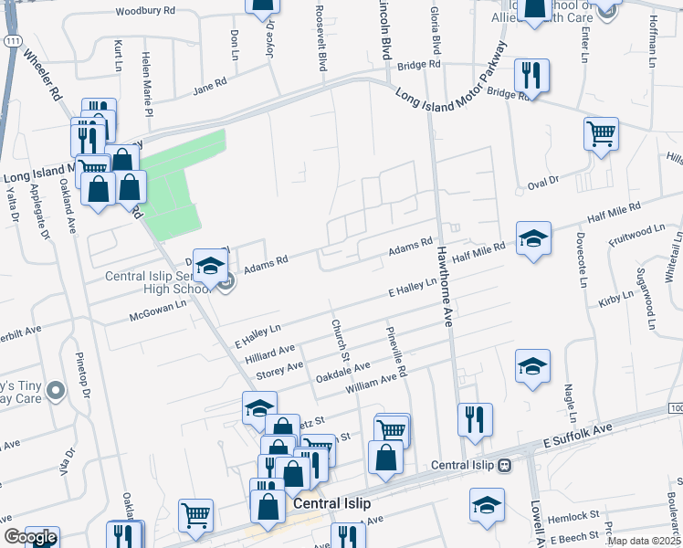 map of restaurants, bars, coffee shops, grocery stores, and more near 46 Adams Road in Central Islip