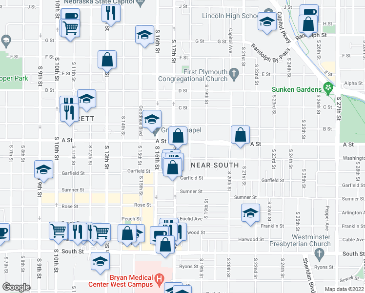 map of restaurants, bars, coffee shops, grocery stores, and more near 1717 A Street in Lincoln