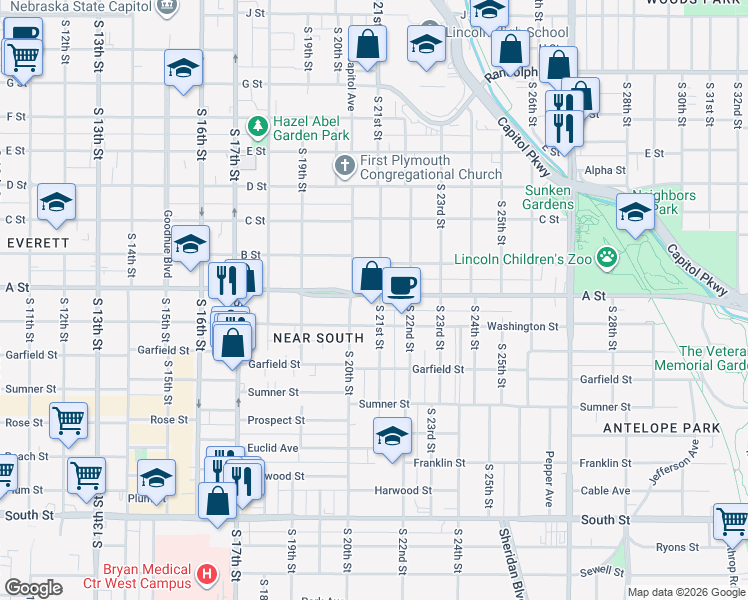 map of restaurants, bars, coffee shops, grocery stores, and more near 1422 South 20th Street in Lincoln