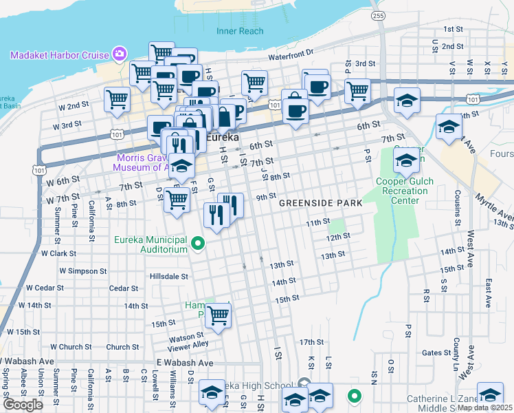 map of restaurants, bars, coffee shops, grocery stores, and more near 936 J Street in Eureka
