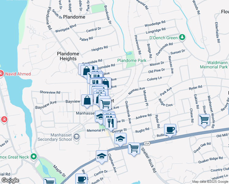 map of restaurants, bars, coffee shops, grocery stores, and more near 37 Orchard Street in Manhasset