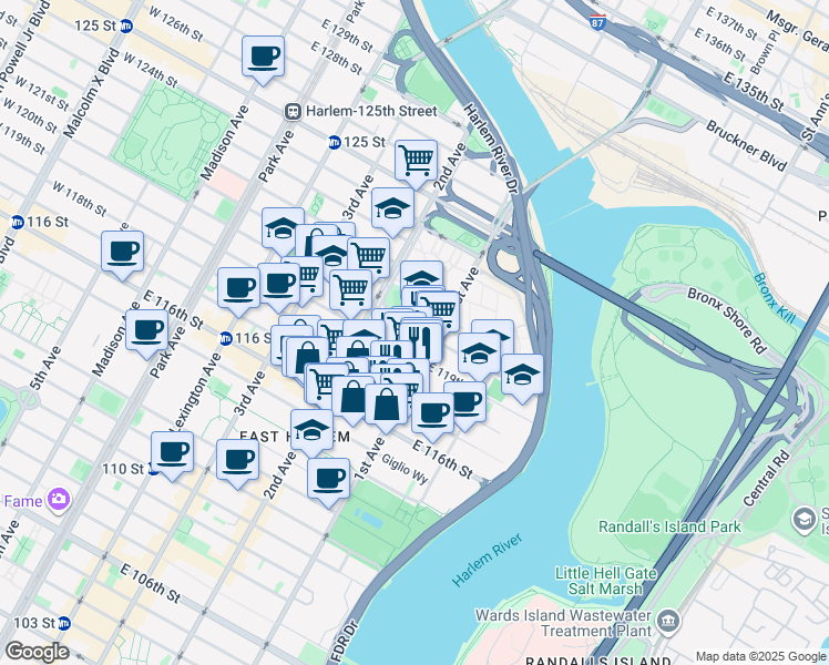map of restaurants, bars, coffee shops, grocery stores, and more near 333 East 119th Street in New York