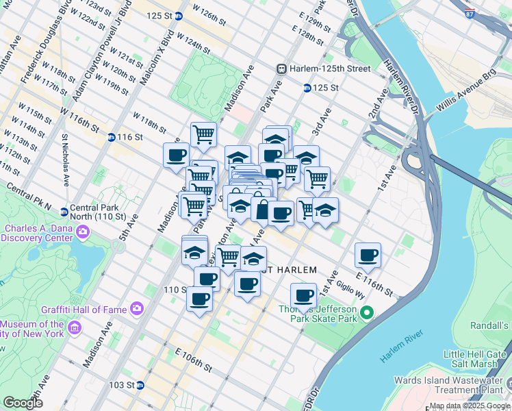 map of restaurants, bars, coffee shops, grocery stores, and more near in New York